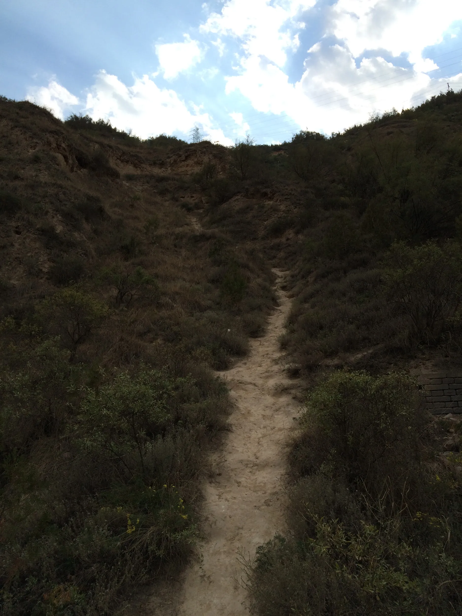 山道をトレッキング