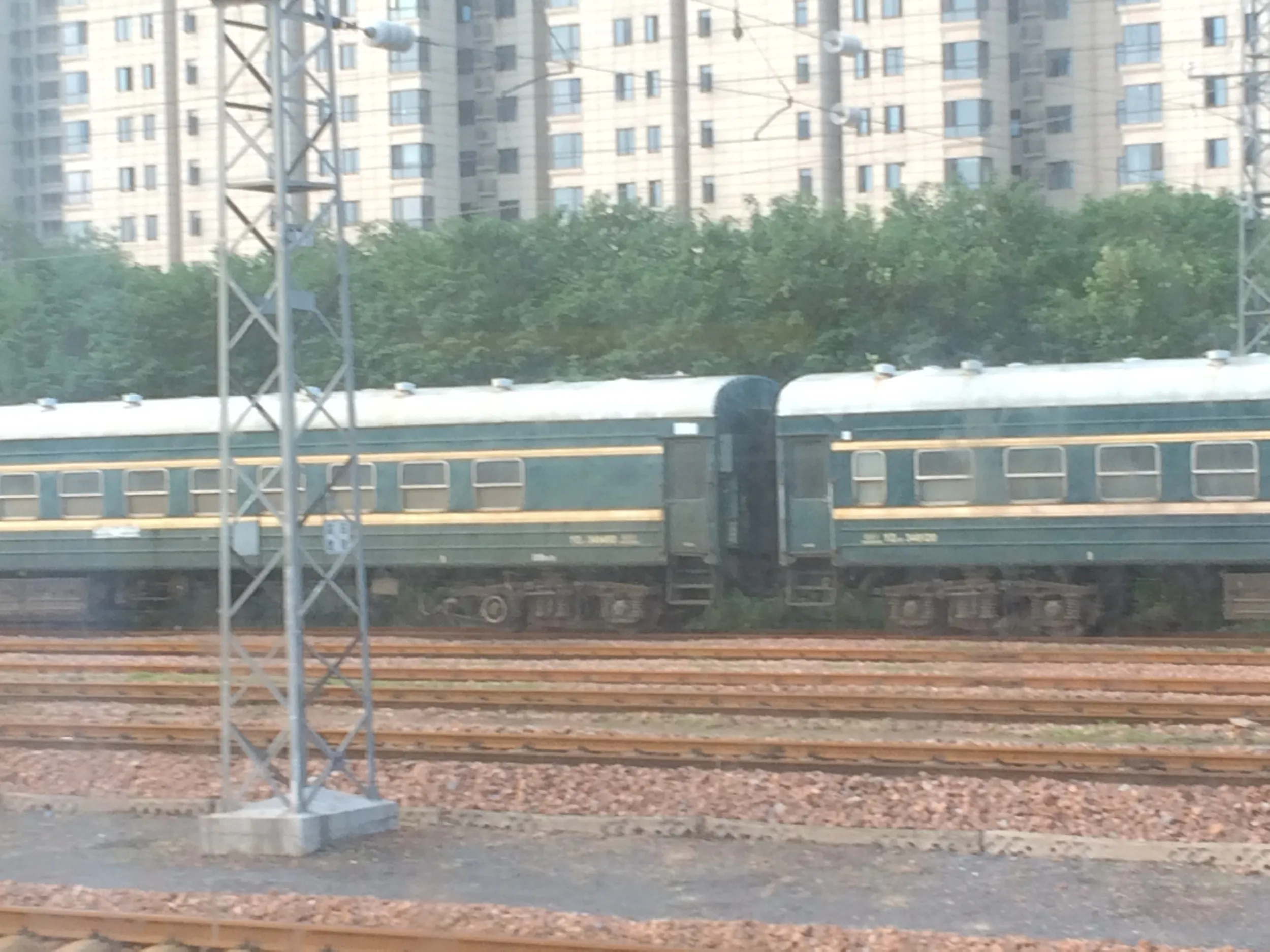 緑の列車車両を眺める