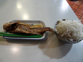 中国旅行記＠青海省編、西寧市内の王府井百貨というデパート内の食堂で注文した魚とご飯