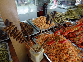 成都、黄龍渓(黄龙溪)観光旅行編＠古鎮第一家で売られていた昆虫料理、串焼き