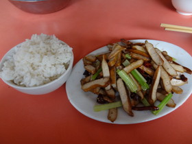 中国旅行記＠成都駅北側の食堂で食べた上げ豆腐とセロリの炒め物