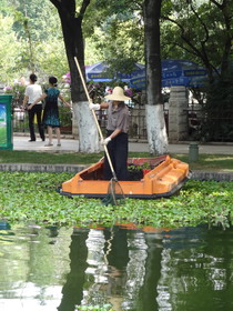中国旅行記、昆明観光編＠翠湖をボートに乗って掃除するおじさん