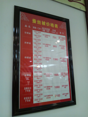 中国旅行記、杭州～紹興ツアー観光編＠杭州絹展なる絹製品を販売している場所。布団の価格表